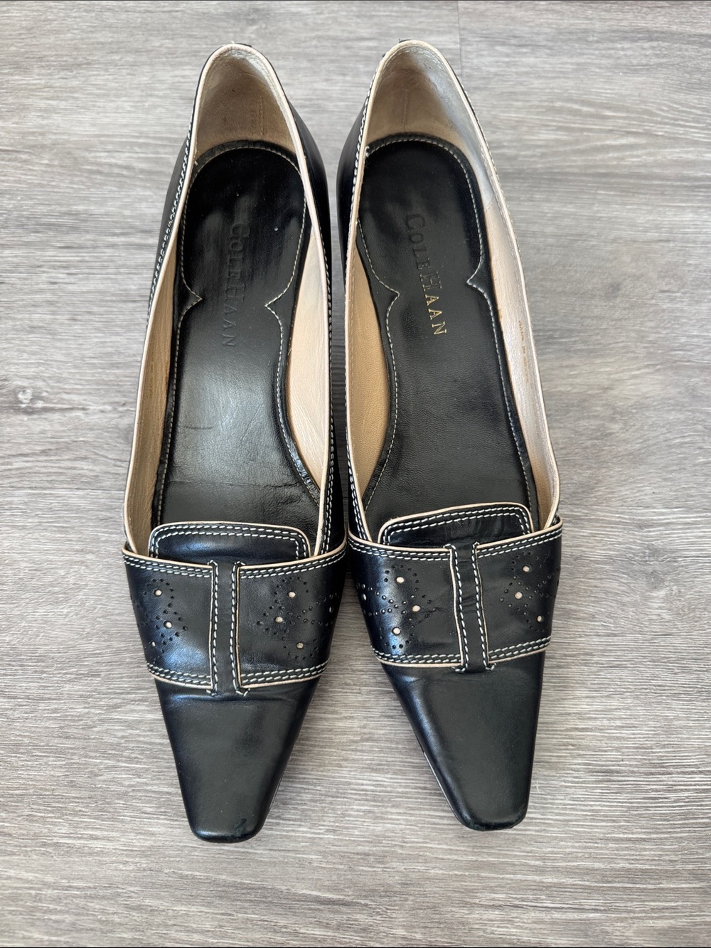 Cole Haan Black Leather Square Toe Low Heels with Contrast Stitching